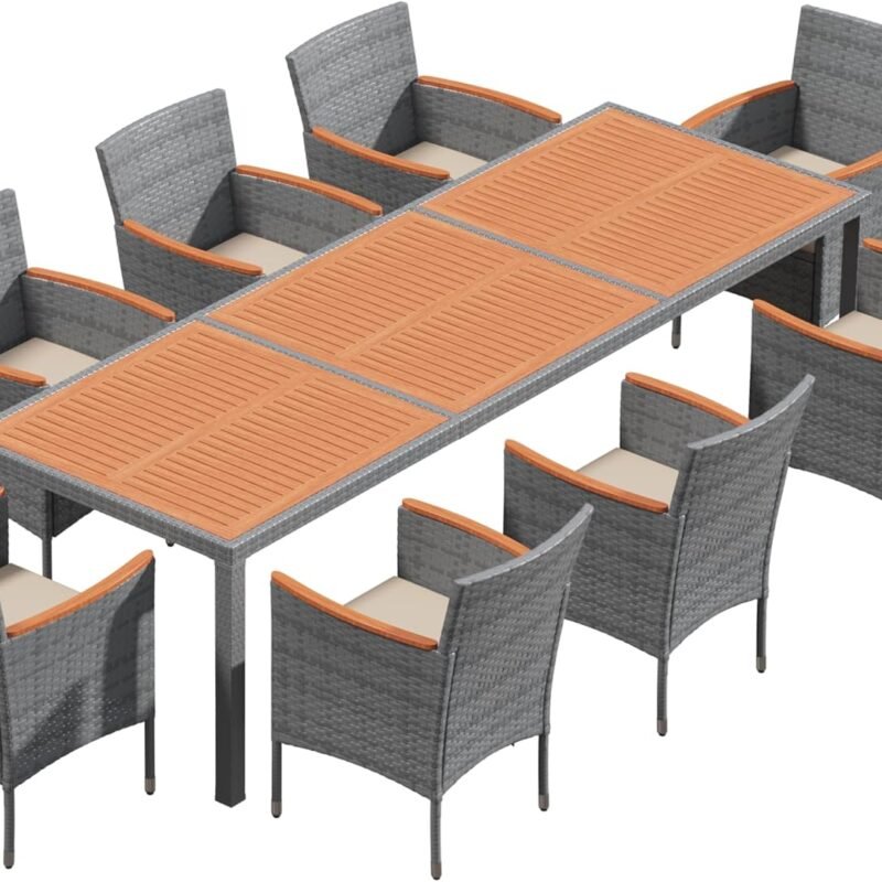 Flamaker 9 Piece Patio Dining Set Outdoor Acacia Wood Table and Chairs with Soft Cushions Wicker Patio Furniture for Deck, Backyard, Garden (Grey)