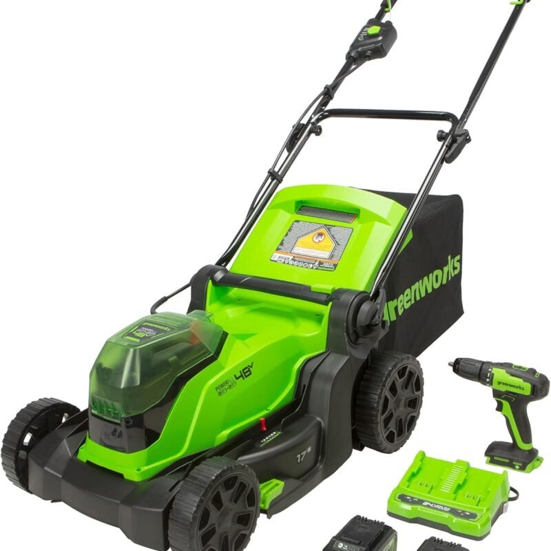 Greenworks 48V (2 x 24V) 17" Brushless Cordless Lawn Mower + 24V Drill / Driver, (2) 4.0Ah USB Batteries (USB Hub) and Dual Port Rapid Charger Included