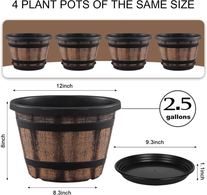 Quarut Plant Pots Set of 4 Pack 12 inch,Large Whiskey Barrel Planters with Drainage Holes & Saucer.Plastic Flower Pots Imitation Wine Barrel Design, for Indoor & Outdoor Garden Home Plants (Brown) - Image 2