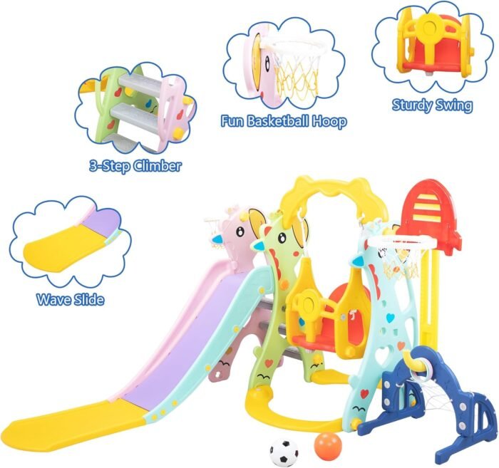 6 in 1 Toddlers Slide and Swing Playset for Children Age 3-12, Freestanding Kids Slide Climber Playset Indoor Outdoor Playground with Basketball Hoop and Football Gate - Image 8