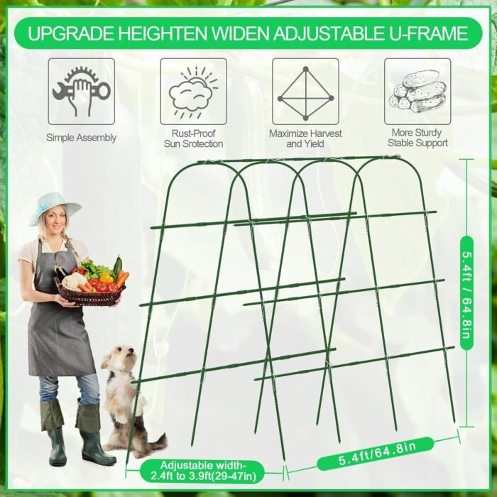65"×65" Upgrade Heightened Cucumber Trellis for Raised Bed,U-Shape Garden Trellis for Climbing Plants Outdoor,Adjustable Metal Arch Vegetables Trellis with Climbing Net for Tomato,Bean,Grape,Zucchini - Image 2