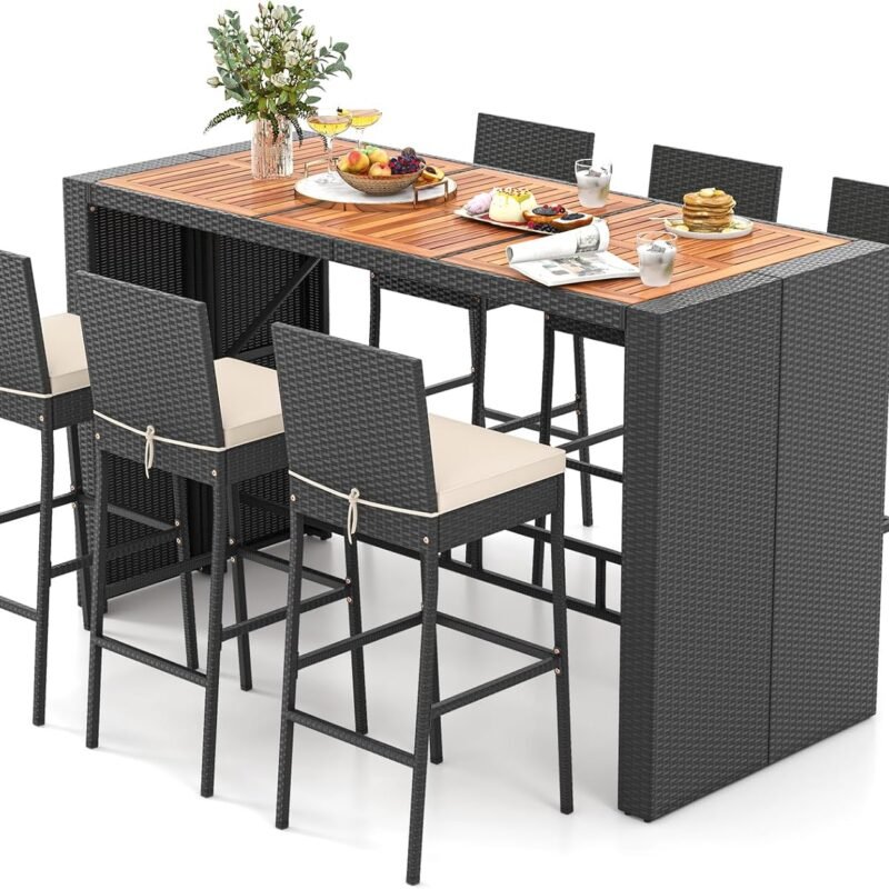 HAPPYGRILL 7-Piece Patio Bar Dining Set, PE Rattan Furniture Set w/Acacia Wood Tabletop & Soft Cushions, Outdoor Space-Saving Bar Table & 6 Armless Chairs w/Metal Frame for Balcony, Garden & Backyard
