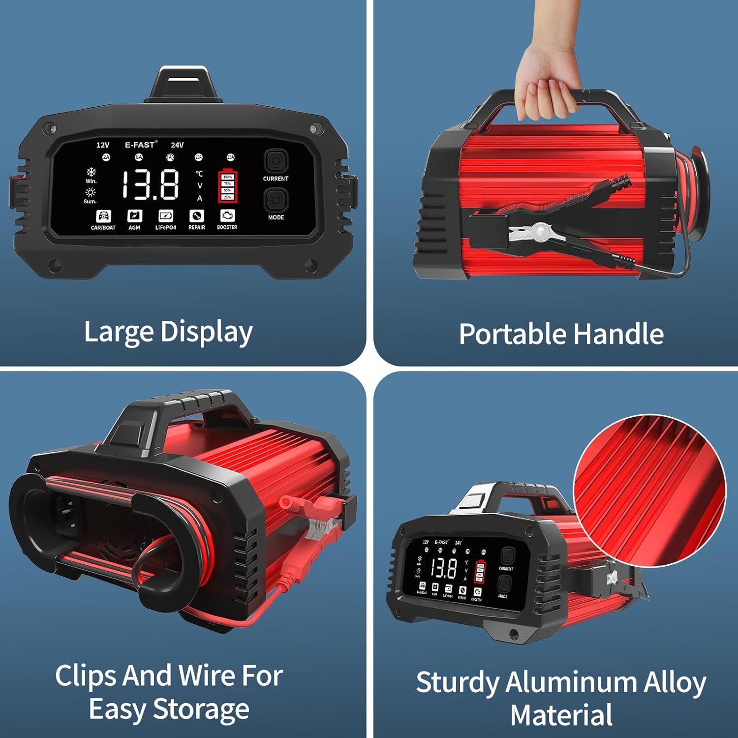 E-FAST 25A Battery Charger, 12/24V All in One Lifepo4 Lead Acid Car Battery Charger, Automotive Jump Starter, Upgraded Trickle Charger, Battery Maintainer for Car Truck Motorcycle Lawn Mower Boat - Image 6