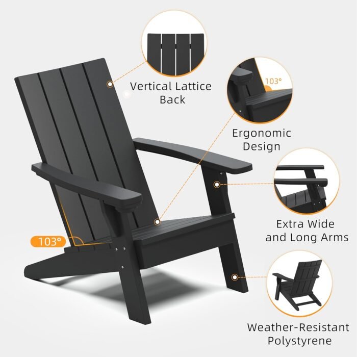 Adirondack Patio Chairs Set of 2,Black Lawn Adirondack Chair,Heavy Outdoor Chairs All-Weather,Pre-Assembled Fire Pit Chairs,Modern Adirondack Chairs for Patio Lawn Fire Pit Backyard Poolside Balcony - Image 6