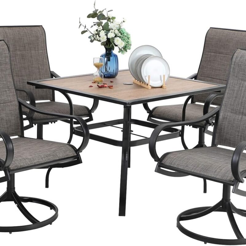 PHI VILLA 5 PCS Patio Dining Set with 4 Padded Outdoor Swivel Dining Chairs and 37"x 37" Premium PVC Table Top Dining Table(1.57" Umbrella Hole), Outdoor Dining Table & Chair Set for Deck Lawn Garden