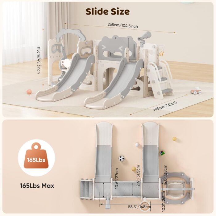 Lischwert Toddler Swing and Slide Set, 10 in 1 Toddler Indoor Playground, Slide for Toddlers, Outdoor Playset Backyard with Basketball Hoop, Tunnel and Storage Space, Kids Double Slide Age 1+ - Image 7