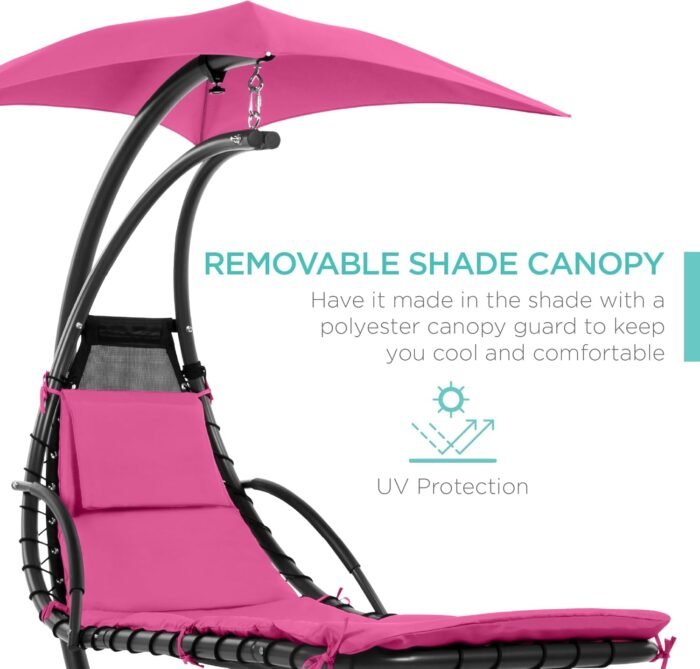 Best Choice Products Outdoor Hanging Curved Steel Chaise Lounge Chair Swing w/Built-in Pillow and Removable Canopy - Pink - Image 3