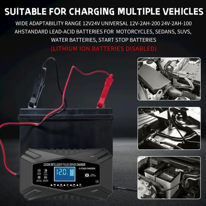 12-Amp Car Battery Charger,12V and 24V Smart Fully Automatic Maintainer Trickle Charger w/Temperature Compensation for Truck Motorcycle Lawn Mower Boat Marine Lead Acid Batteries (Black) - Image 3