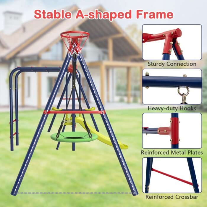 OLAKIDS Swing Sets for Backyard, 7 in 1 Outdoor 660LBS A-Frame Heavy Duty Metal Swing Stand with Monkey Bar for Kids, Playground Playset with Slide, 2 Swings, Glider, Trapeze Rings, Basketball Hoop - Image 4