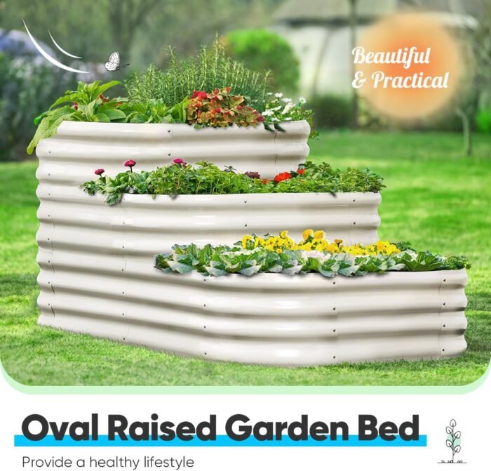 Quictent Galvanized Tiered Raised Garden Bed Kit, 43x63x31.5 in Oval Planting Box, for Vegetables Outdoor 3-in-1 Assembly Modular, Beige - Image 2