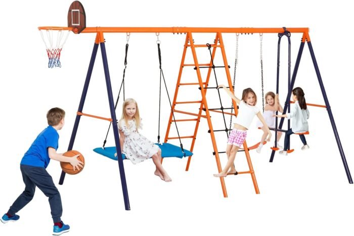 SUPER DEAL Metal Swing Set Kids Outdoor Playground Playset for Backyards Heavy Duty 6 in 1 Adjustable Platform Swing and Belt Swing, Climbing Ladder and Nets, Swing Glider, Basketball Hoop Combo