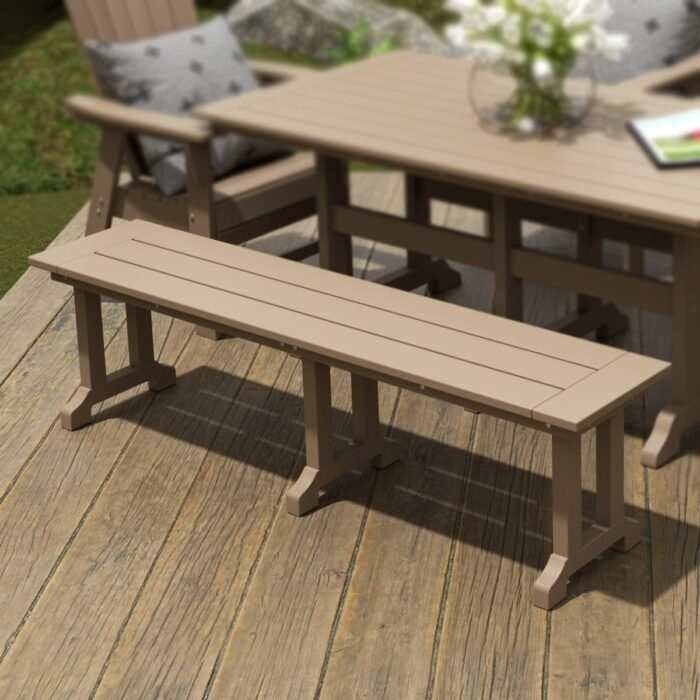 WestinTrends Malibu 65" Outdoor Dining Bench, All Weather Resistant Poly Lumber Patio Garden Bench Trestle Long Bench for Both Outdoor and Indoor, Weathered Wood - Image 2