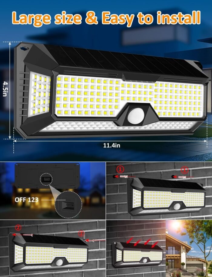 Solar Outdoor Lights - 4000Lm 268 LED Motion Sensor Lights Outdoor, IP65 Waterproof Led Security Lights Bright Solar Wireless Flood Wall Lights with 3 Optional Modes and 4 Wide Angle (2 Pack) - Image 4
