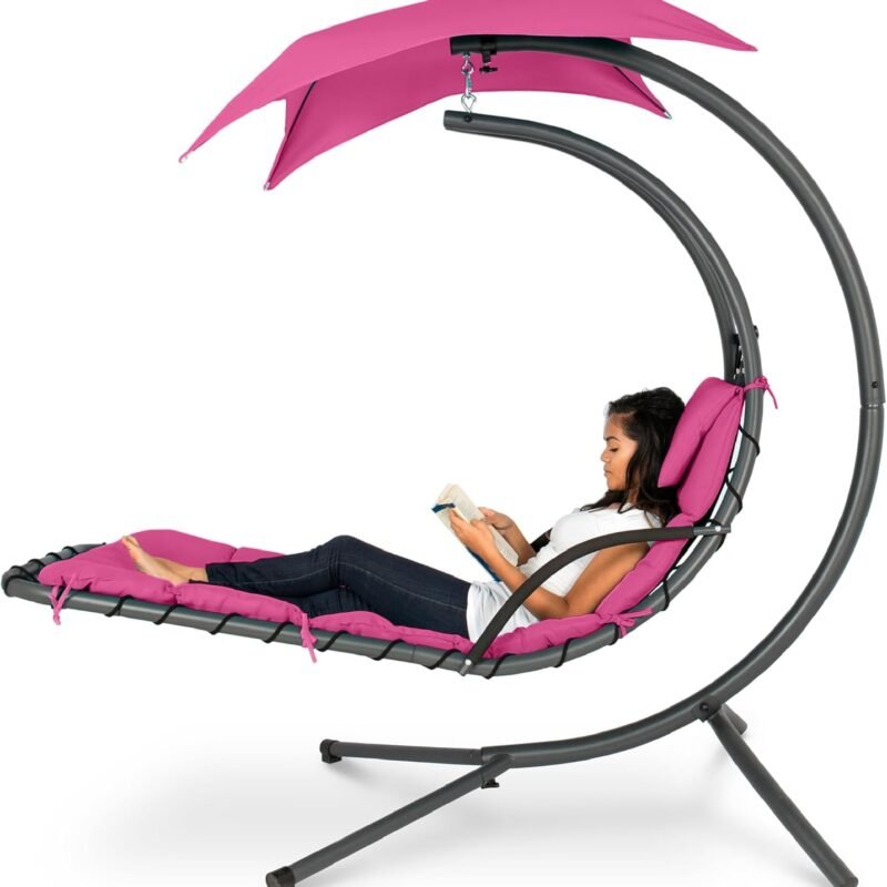 Best Choice Products Outdoor Hanging Curved Steel Chaise Lounge Chair Swing w/Built-in Pillow and Removable Canopy - Pink