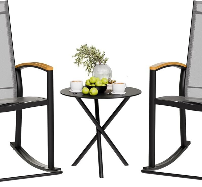 Shintenchi 3 Piece Outdoor Rocking Bistro Set, Textilene Fabric Small Patio Furniture Set, Front Porch Rocker Chairs Conversation Set with Table for Lawn, Garden, Balcony, Poolside (Light Gray)