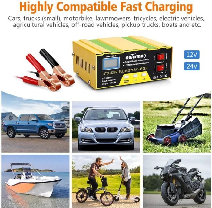 Outerman Car Battery Charger 12V 24V Lithium Battery Charger, Auto Battery Charger Maintainer for Car Boat Motorcycle Lawn Mower Lead Acid Battery or Lithium Battery Capacity: 6AH~105AH - Image 6
