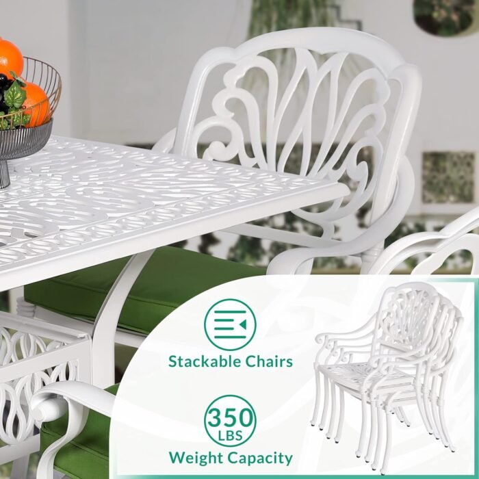 VIVIJASON 5-Piece Patio Furniture Dining Set, All-Weather White Cast Aluminum Outdoor Conversation Set, Include 4 Cushioned Chairs and a 35.4" Square Table w/Umbrella Hole for Balcony Lawn Garden - Image 5