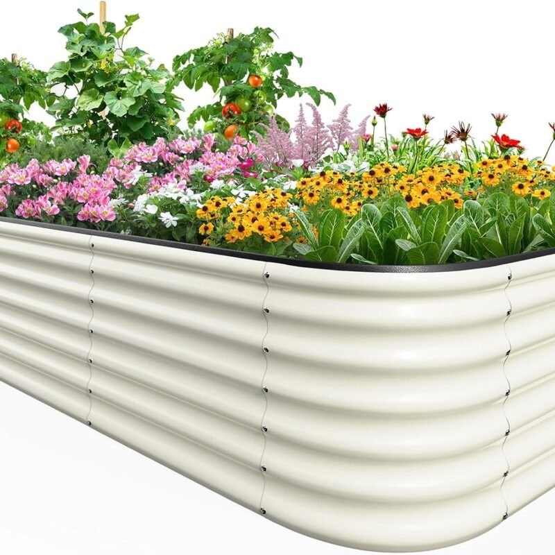 Quictent Galvanized Tall Raised Garden Bed Kit, 8x4x2 ft Oval Large Planting Box Rubber Strip Edging, for Vegetables Outdoor Strengthened by Crossbar (Beige)
