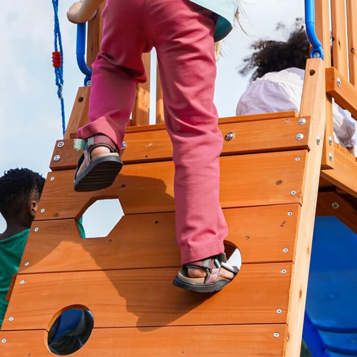 Dolphin Playground Wooden Swing Sets for Backyard, Playground Sets for Backyards with Slide, Sandbox, Climbing Wall, and 2 Belt Swings, Outdoor Playset, Backyard Playground Set, Ages 2-6 - Image 9