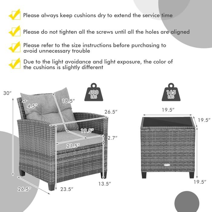 Tangkula 3 Pieces Patio Furniture Set, Outdoor PE Rattan Conversation Chair Set with Tempered Glass Side Table and Removable Cushions, PE Wicker Chairs and Table Set for Porch, Balcony and Garden - Image 9