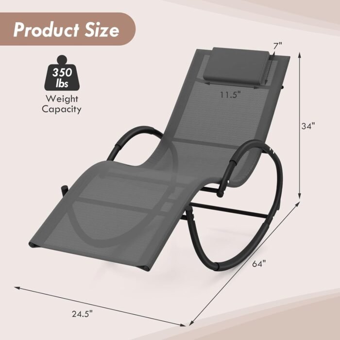 Tangkula Rocking Lounge Chair Outdoor, Zero Gravity Chaise Lounger with Removable Headrest, Fabric Backrest & Seat, Patio Reclining Rocker for Yard, Poolside, Lawn, Garden (1, Grey) - Image 3