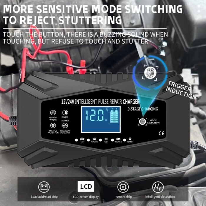12-Amp Car Battery Charger,12V and 24V Smart Fully Automatic Maintainer Trickle Charger w/Temperature Compensation for Truck Motorcycle Lawn Mower Boat Marine Lead Acid Batteries (Black) - Image 4