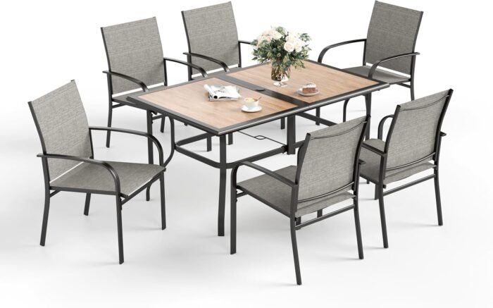 7 Pcs Patio Dining Set for 6, Rectangular Metal Dining Table (PVC Table Top) with Umbrella Hole and 6 Chairs, Outdoor Dining Set for Lawn Garden Deck, Brown - Image 8