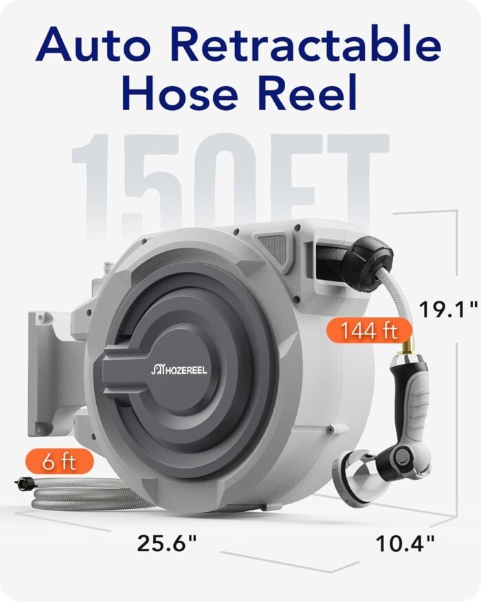 150 FT x 1/2" Retractable Garden Hose Reel by HOZEREEL, Outdoor Garden Hose Reels - Automatic Self Retract Wall Mount Hose Reel Enclosed Storage, Any Length Lock, 10 Pattern Nozzle-Grey - Image 7