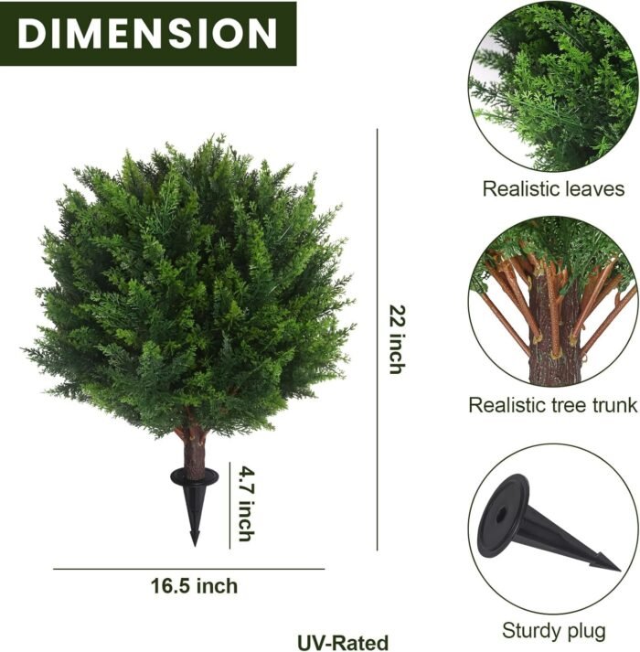22''T Artificial Cedar Topiary Ball Tree 2 Pack, Outdoors Artificial Shrubs Faux Plants Uv Rated Perfect for Outdoor, Indoor - Easy to Install. - Image 2