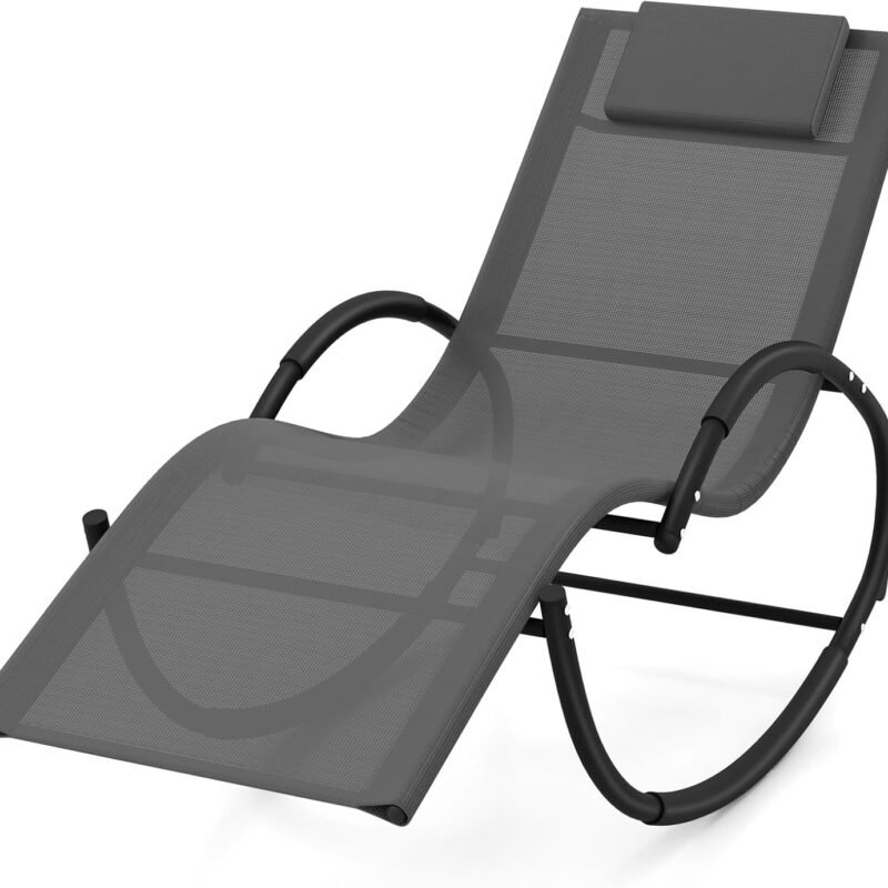 Tangkula Rocking Lounge Chair Outdoor, Zero Gravity Chaise Lounger with Removable Headrest, Fabric Backrest & Seat, Patio Reclining Rocker for Yard, Poolside, Lawn, Garden (1, Grey)