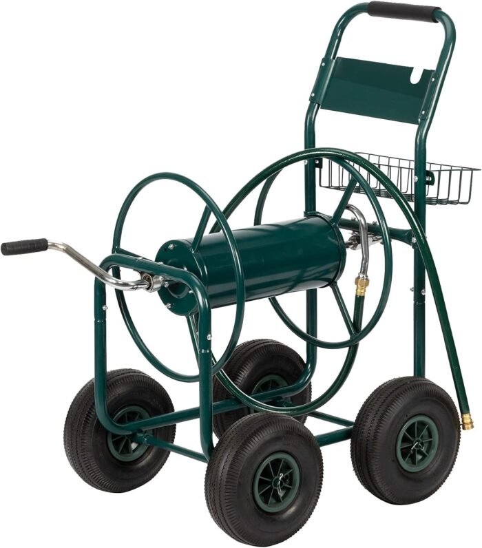 VINGLI Garden Hose Reel Cart, 4-Wheel Portable Residential Hose Reel Cart, Hose Guide System with Storage Basket, Rust Resistant, for Family Yard, Garden and Farm