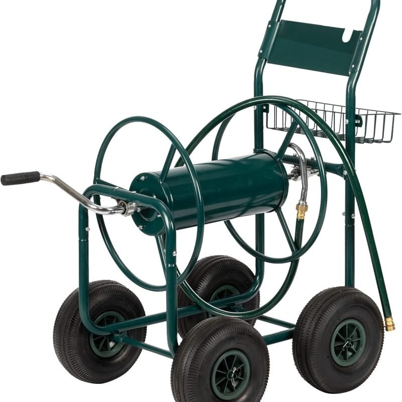 VINGLI Garden Hose Reel Cart, 4-Wheel Portable Residential Hose Reel Cart, Hose Guide System with Storage Basket, Rust Resistant, for Family Yard, Garden and Farm