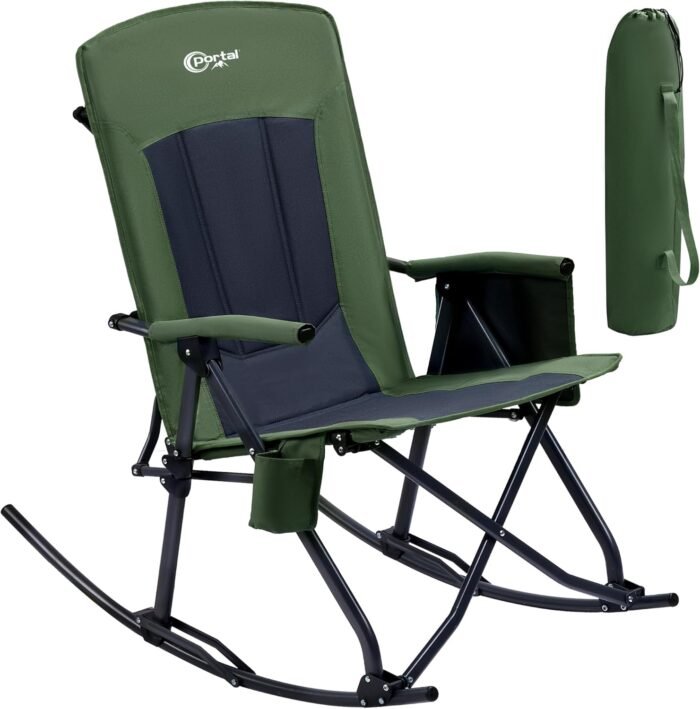 PORTAL Oversized Folding Rocking Camping Chair High Back Outdoor Rocker Portable for Outside Lawn Patio Travel Garden, Supports 400 lbs, Padded Back, Green Grey