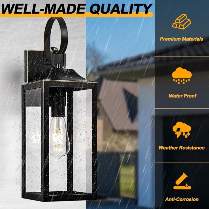 Large Dusk to Dawn Outdoor Wall Light, 19" Black Outside Farmhouse Wall Sconce, Industrial Wall Mount Light Fixture, Waterproof Modern Porch Lighting Exterior Lamp for House -with Gold Trim - Image 5
