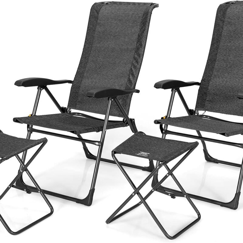 Giantex 4 Pcs Folding Patio Chairs Set 2 Pack Patio Dining Chairs with Footrest Portable Sling Chairs Camping Lawn Chairs with Adjustable Back Outdoor Bistro Chairs for Porch Garden Yard Pool