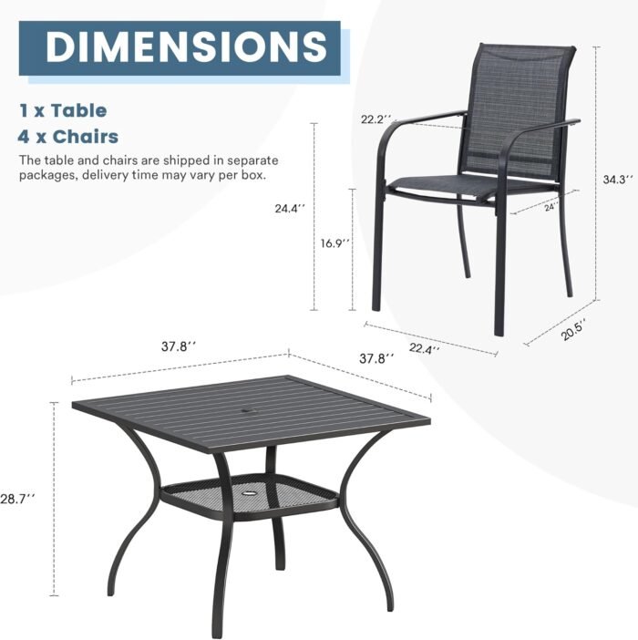 DIFY 5 Pieces Outdoor Dining Table Chair Set, Patio Dining Set with 1 Black Square Curved Legs Table with and Umbrella Hole & 4 Grey Stackable with Armrests Chairs for Lawn, Garden, Porch - Image 2