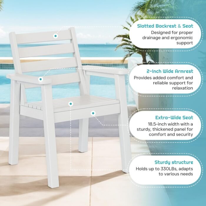 7-Piece Outdoor Dining Set, 71" HDPE Table with 6 Chairs, Large Outside Patio Furniture with Umbrella Hole for Garden, Backyard, Poolside, White - Image 7