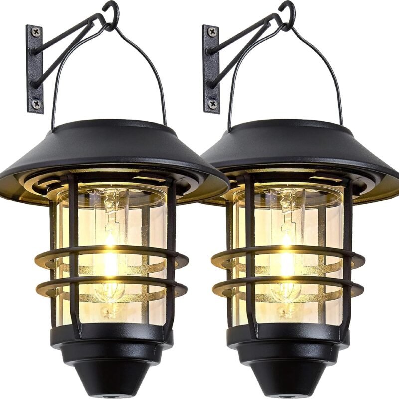 Solar Lantern Outdoor Lights, Hanging Waterproof Lantern Lights with Wall Mount Kit for Garden Porch Fence 2 Pack