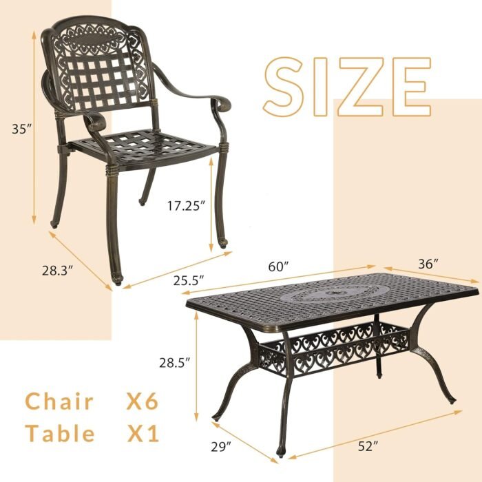 7-Piece Outdoor Patio Dining Set, 60” Rectangular Cast Aluminum Dining Table with Umbrella Hole and 6 Outdoor Dining Chairs, Patio Funiture Set for Backyard, Patio, Garden - Image 6