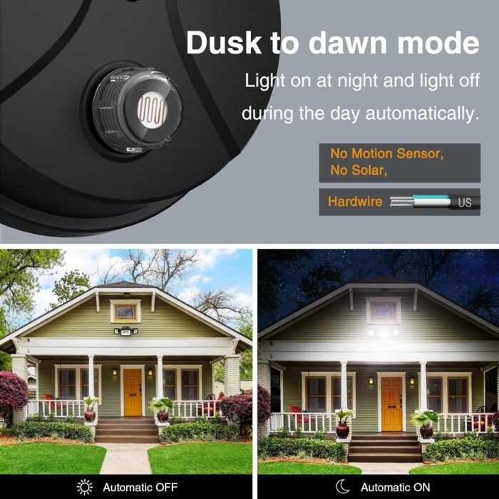 Onforu 60W LED Dusk to Dawn Flood Lights, 6000LM Exterior Security Outdoor Lighting, IP65 Waterproof Outdoor 3 Adjustable Heads Photocell Light Fixture, 6500K White Floodlight for Garage, Patio, Yard - Image 2