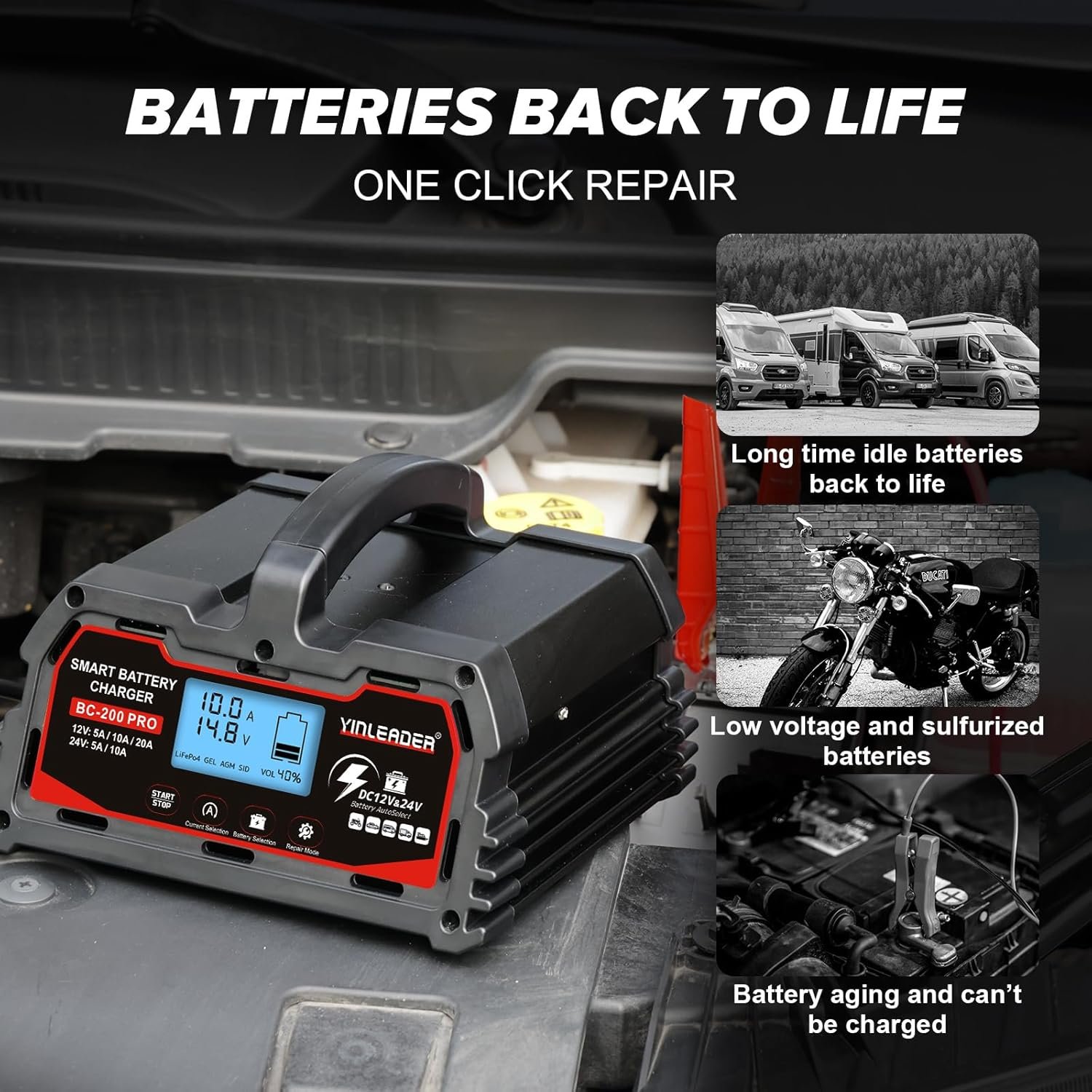 Battery Charger 20A, 12V/24V Lead-Acid Battery, 12V LiFePO4 Car Battery Trickle Charger, Automatic Battery Maintainer for Car Motorcycle Lawn Mower Marine Boat Lead Acid Batteries - Image 6