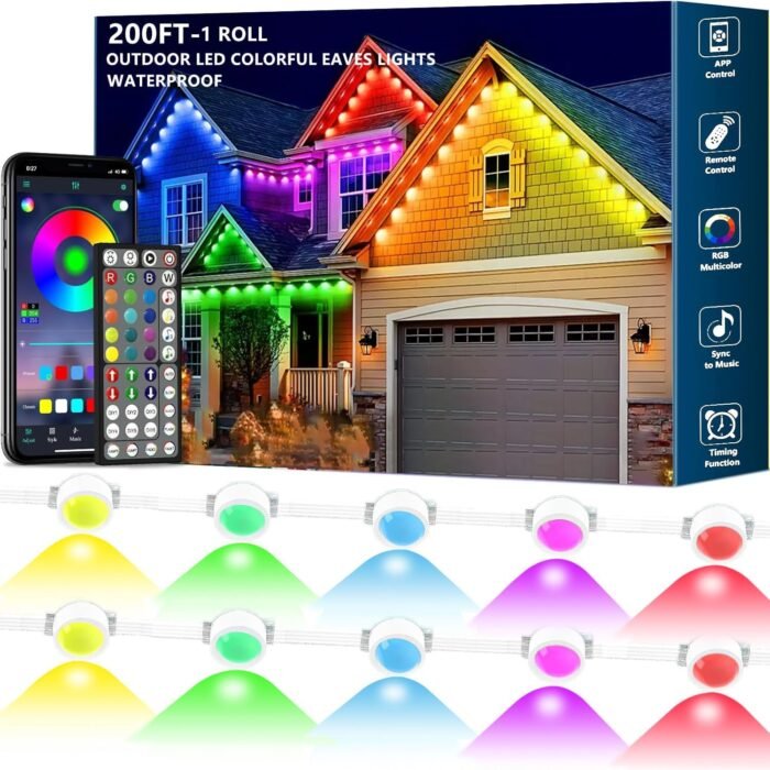 200FT Permanent Outdoor RGB Lights,IP67 Waterproof Smart LED Eaves Lights with App/Remote Control,for Christmas and All Holiday Decor,Daily and Accent Lighting,House Roof and Garden Lighting