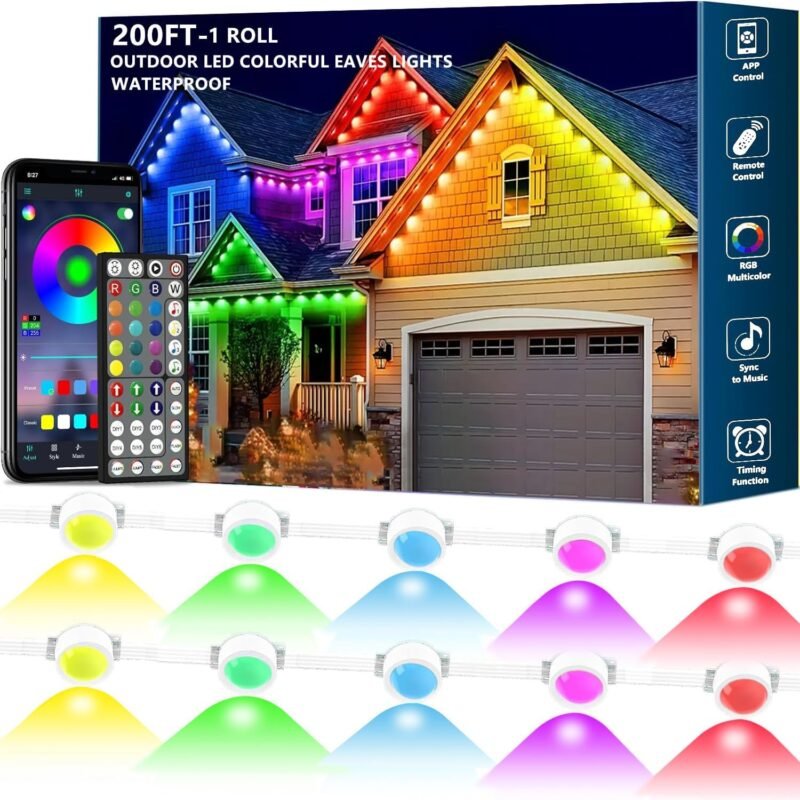 200FT Permanent Outdoor RGB Lights,IP67 Waterproof Smart LED Eaves Lights with App/Remote Control,for Christmas and All Holiday Decor,Daily and Accent Lighting,House Roof and Garden Lighting