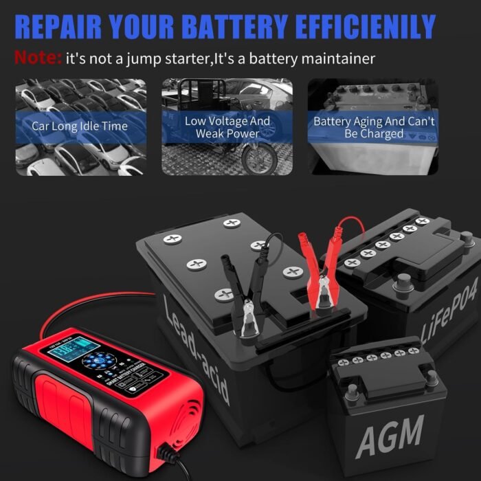 E-FAST Battery Charger, 10A Lifepo4 Lead Acid Car Battery Charger, Upgraded Automobile Trickle Charger 12/24V, All in 1 Battery Maintainer, for Truck Motorcycle AGM Lawn Mower Boat Marine Batteries - Image 4