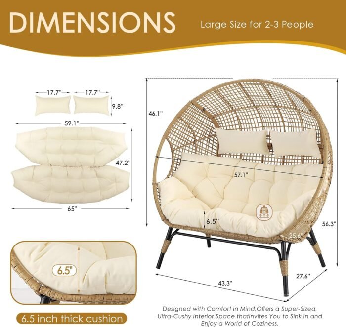 NICESOUL® Double Egg Chair Indoor Outdoor Stationary Oversized Thicken Padded Cushions,2 Person Egg Loveseat Chair,680 lbs Extra Large Lounge Chair for Patio Balcony Porch Backyard Beige, Xmas Gift - Image 2