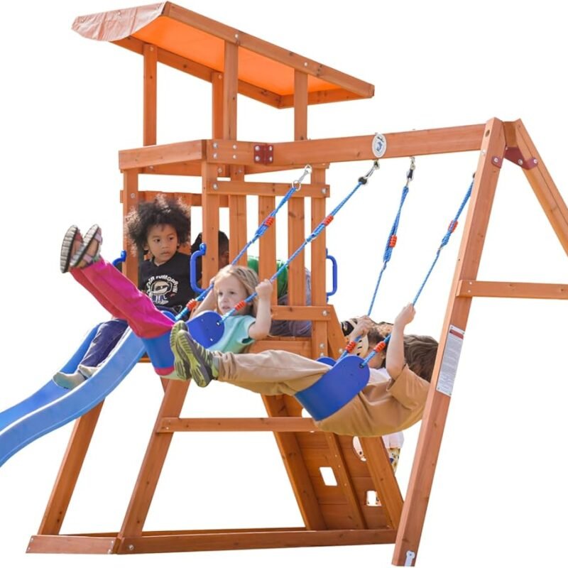 Dolphin Playground Wooden Swing Sets for Backyard, Playground Sets for Backyards with Slide, Sandbox, Climbing Wall, and 2 Belt Swings, Outdoor Playset, Backyard Playground Set, Ages 2-6
