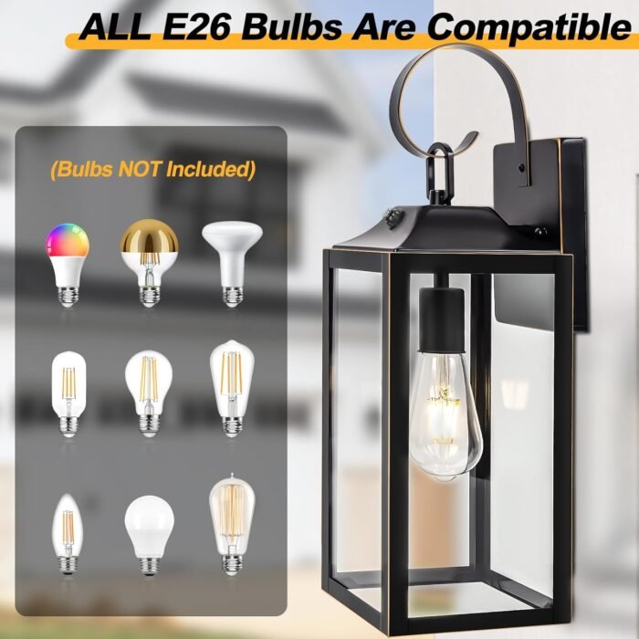 Large Dusk to Dawn Outdoor Wall Light, 19" Black Outside Farmhouse Wall Sconce, Industrial Wall Mount Light Fixture, Waterproof Modern Porch Lighting Exterior Lamp for House -with Gold Trim - Image 6