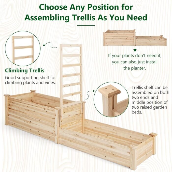 Giantex Raised Garden Bed with Trellis, Set of 2 Wood Shallow & Deep Planter Box for Climbing Plants Cucumber Vegetables Flowers Herbs Fruits, Easy Assembly, Outdoor Rectangular Floor Gardening Beds - Image 4