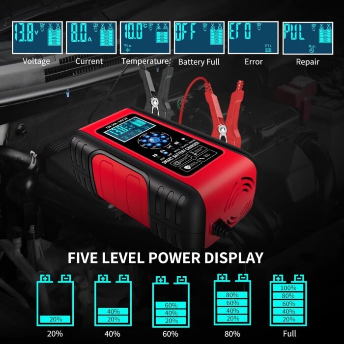 E-FAST Battery Charger, 10A Lifepo4 Lead Acid Car Battery Charger, Upgraded Automobile Trickle Charger 12/24V, All in 1 Battery Maintainer, for Truck Motorcycle AGM Lawn Mower Boat Marine Batteries - Image 5