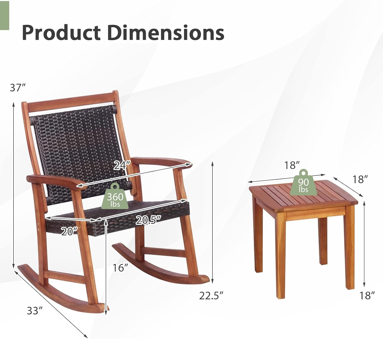 HAPPYGRILL 3 Pieces Rocking Bistro Set Acacia Wood Patio Rocking Chairs with Coffee Table, Rattan Wicker Rocking Conversation Set for Garden Porch Backyard - Image 8